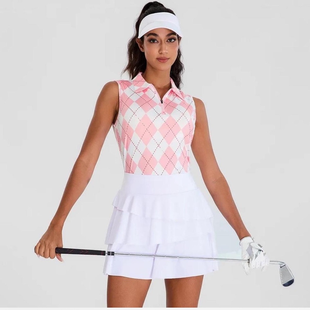 Pink & White Checkerboard Sleeveless Quarter Zip Golf Polo New With Tag